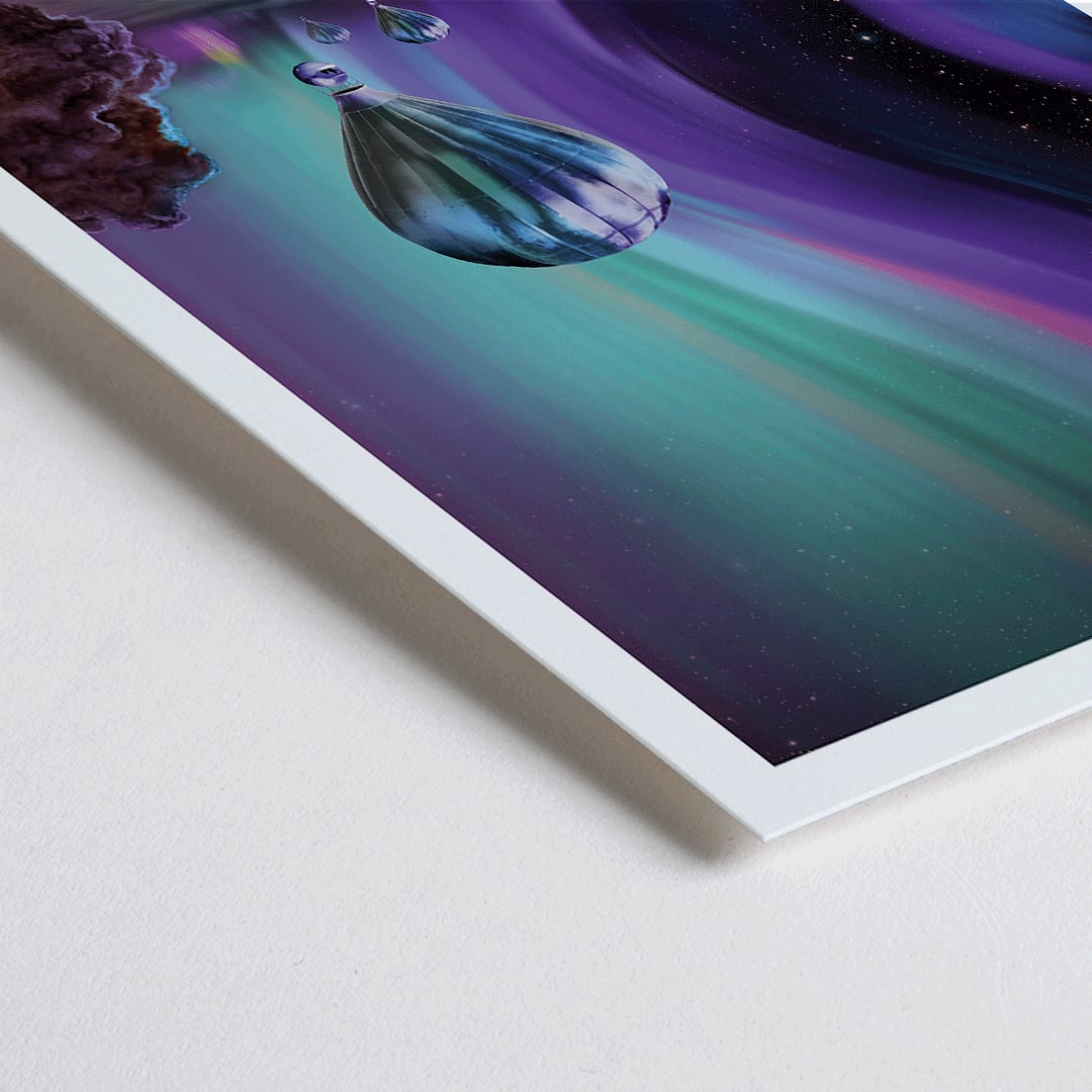 Closeup detail of Hot air balloons under vibrant colorful auroras on Jupiter artwork by NASA space travel poster