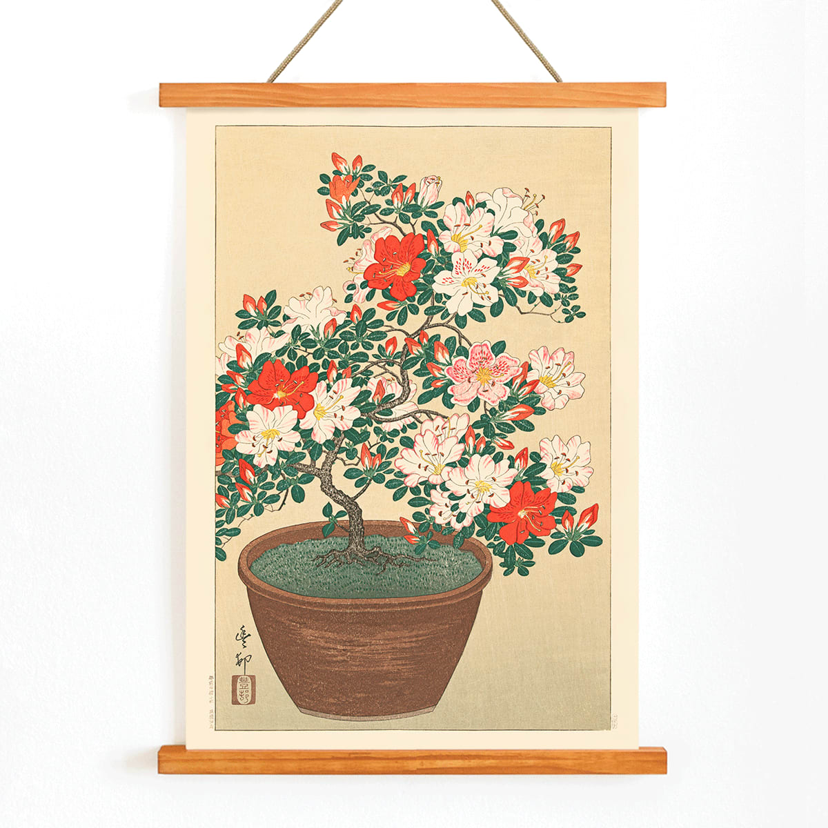 Potted azalea in bloom with red and white flowers botanical artwork Flowering azalea by Ohara Koson poster, with wooden magnetic frame on white background