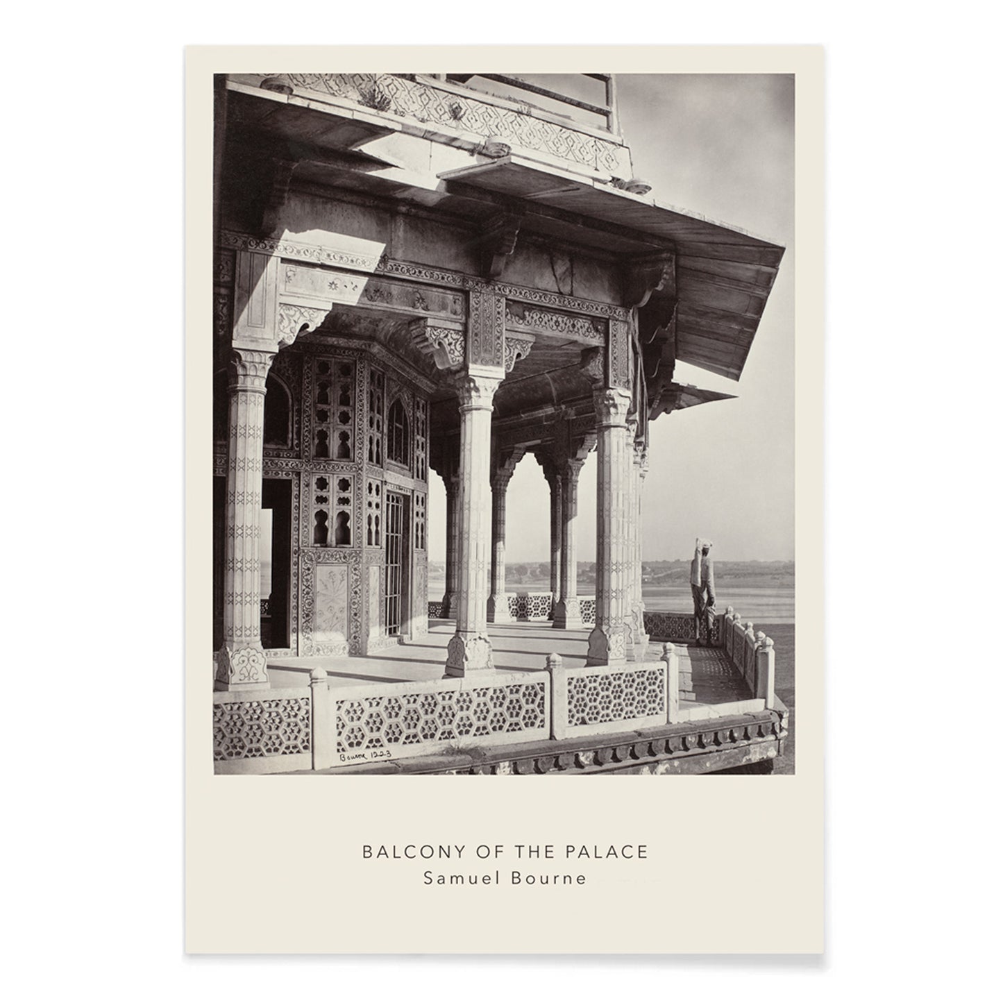 Architectural photography and poster of ornate palace balcony with intricate columns and carvings by Samuel Bourne titled Balcony of the Palace, with black aluminium frame on white background