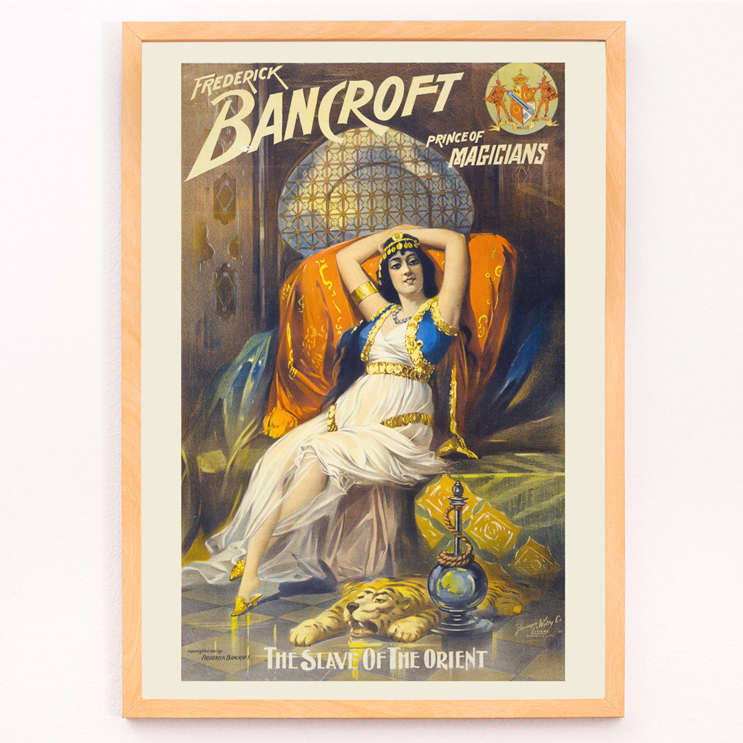 Closeup detail of Woman in exotic attire reclining on luxurious couch with hookah and tiger rug Frederick Bancroft prince of magicians artwork poster by Springer and Welty Lith