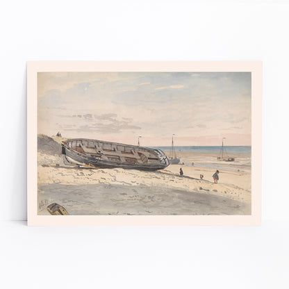 Beached barges and figures on sandy shore with distant boats Barges on the beach by Willem Anthonie van Deventer painting, framed and displayed in modern living room decor