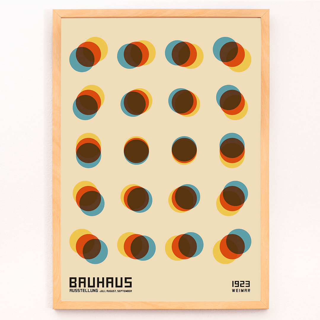 Bauhaus Poster 9 Inspired by the Weimar Exhibition with overlapping colorful circles in a geometric pattern on a beige background, framed and displayed in modern living room decor