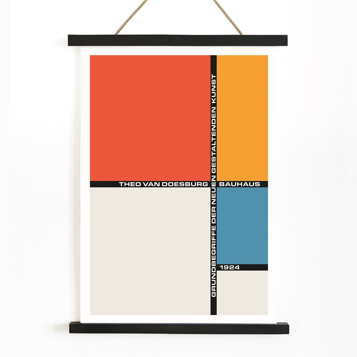 Theo van Doesburg Bauhaus 21 artwork geometric abstract composition poster with bold colors and typography, with wooden magnetic frame on white background