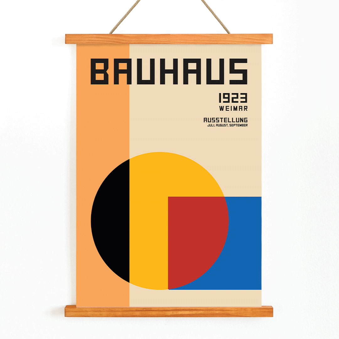 Bauhaus Poster 1 inspired by the Weimar Exhibition featuring geometric shapes in warm bold colors and modernist design style, with wooden magnetic frame on white background