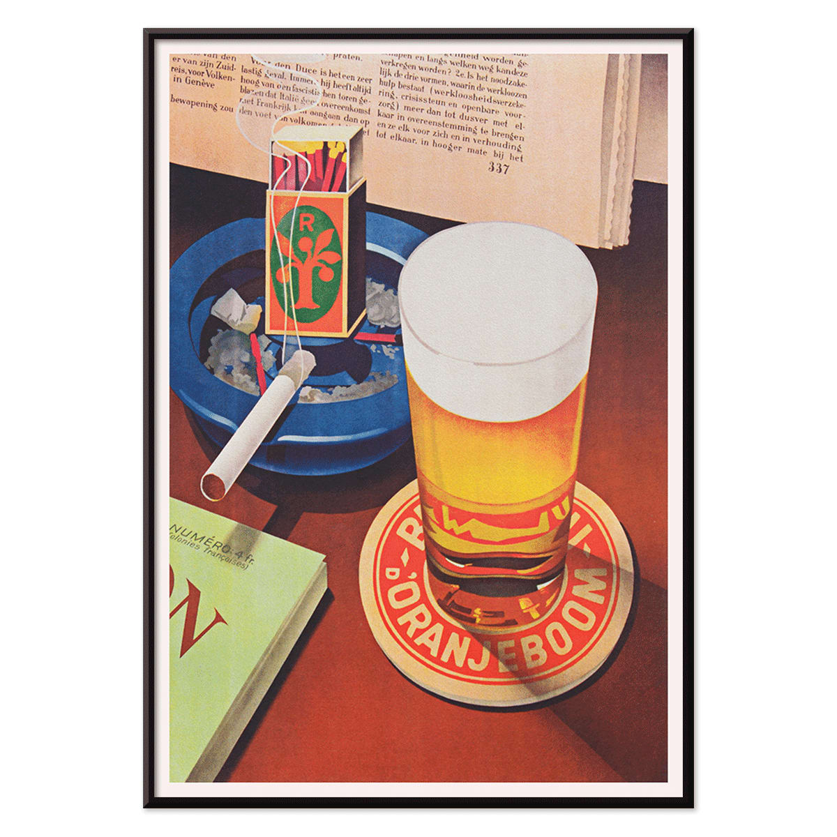 Beer glass on Oranjeboom coaster with cigarette in ashtray and matchbox still life by Bernd Steiner and Anonymous, with black aluminium frame on white background
