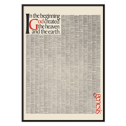 Genesis typography artwork and poster by Herb Lubalin with text In the beginning God created the heaven and the earth featuring the first pages of Genesis, with black aluminium frame on white background