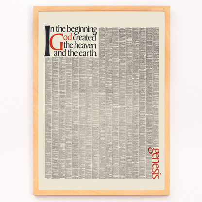 Genesis typography artwork and poster by Herb Lubalin with text In the beginning God created the heaven and the earth featuring the first pages of Genesis, framed and displayed in modern living room decor