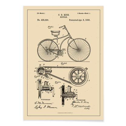 Bicycle technical illustration and mechanical parts drawing by C D Rice from Bicycle patent displayed on vintage background, with black aluminium frame on white background