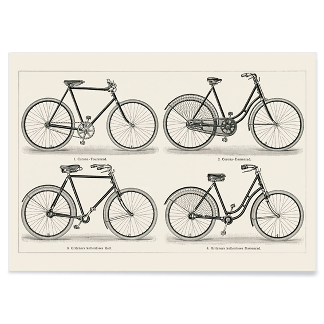 Vintage bicycles black and white lithograph from Meyers Konversations Lexikon showing various types poster, with black aluminium frame on white background
