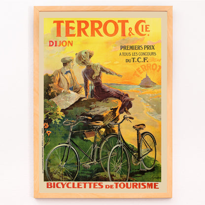 Closeup detail of Vintage poster Terrot And Cie Dijon Bicyclettes De Tourisme by Armand Masson showing a couple with touring bicycles overlooking the coast at sunset