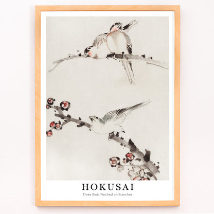 Closeup detail of Three birds perched on branches with blossoms watercolor painting and poster artwork by Katsushika Hokusai