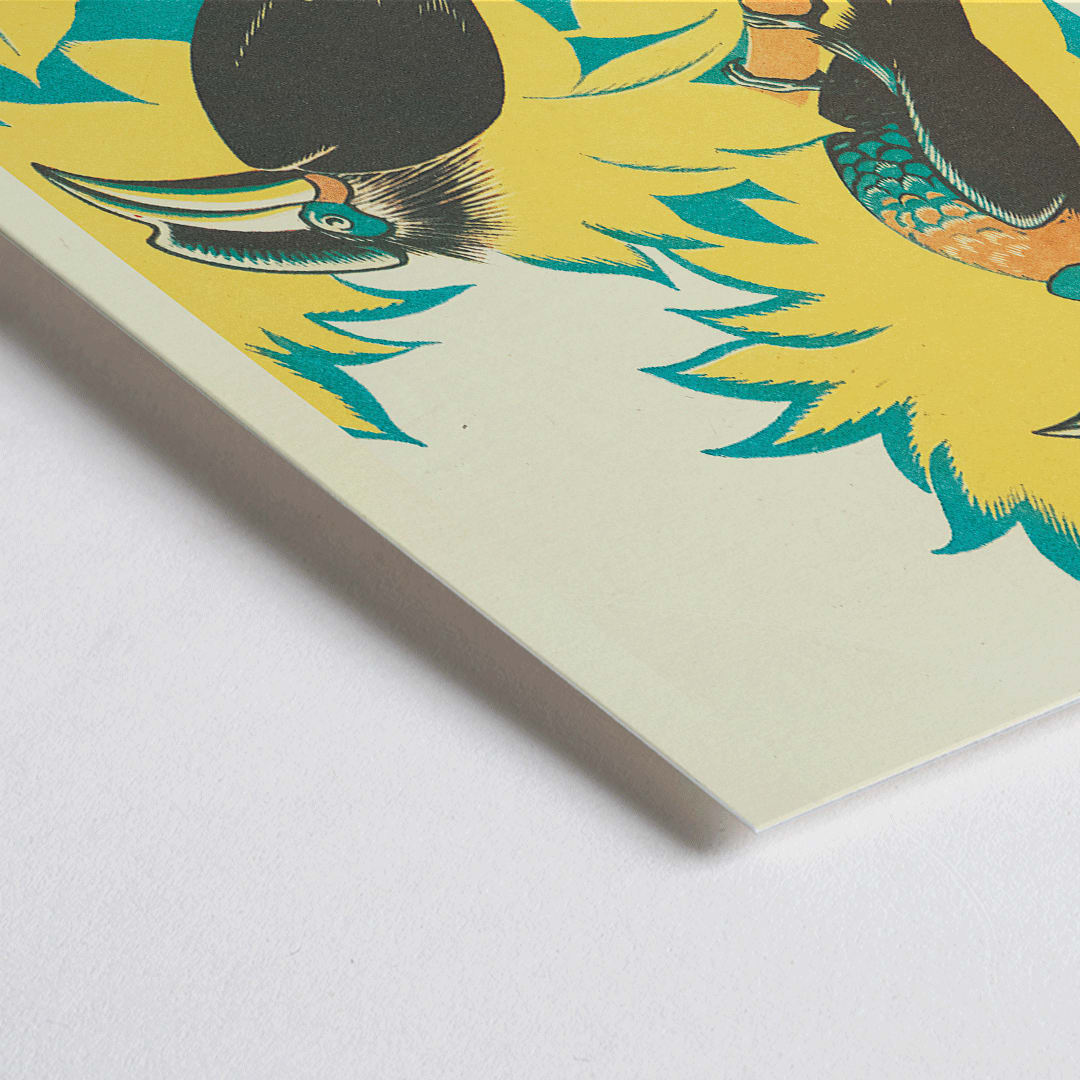 Closeup detail of Colorful birds with vibrant plumage among yellow stylized foliage artwork by Clifford Webb from A Jungle Picnic Pl 07