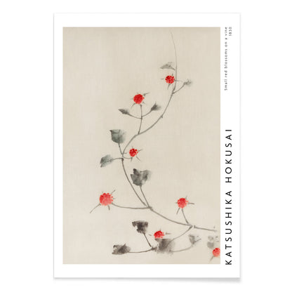 Small Red Blossoms on a Vine artwork by Katsushika Hokusai featuring delicate red flowers and green leaves on a light background, with black aluminium frame on white background