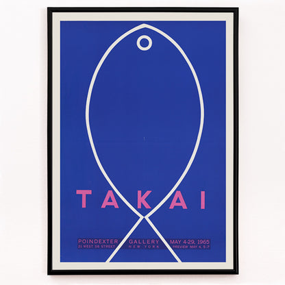 Closeup detail of Minimalist blue and white fish outline artwork poster on blue background with Takai exhibition details by Teiji Takai