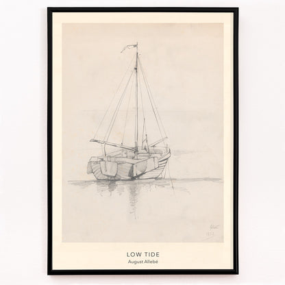Closeup detail of Pencil drawing poster of a sailboat at low tide on calm water artwork Low Tide by August Allebe
