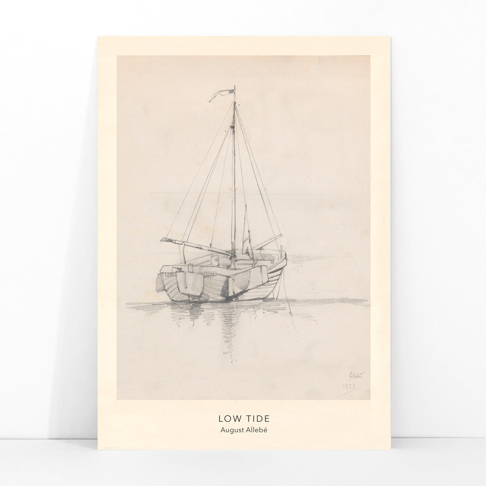 Pencil drawing poster of a sailboat at low tide on calm water artwork Low Tide by August Allebe, framed and displayed in modern living room decor