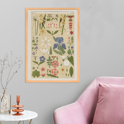 Botanical illustration poster of colorful leaves and flowers by Owen Jones from Grammar of Ornament, framed and displayed in home decor