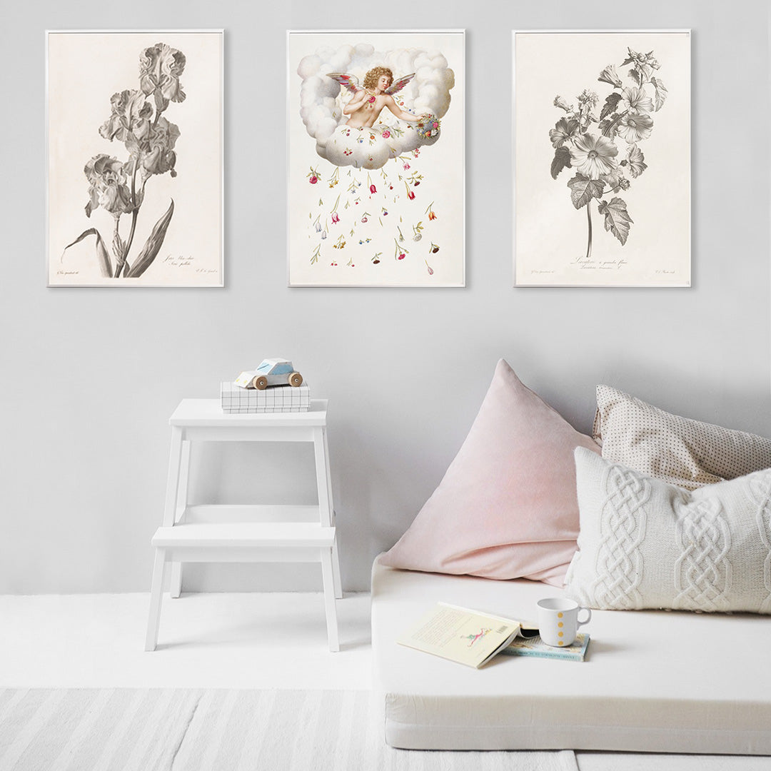 Botanical illustration poster of Blue Dalmatian iris by Pierre Francois Legrand showing detailed iris flowers and leaves in monochrome style, framed and displayed in home decor