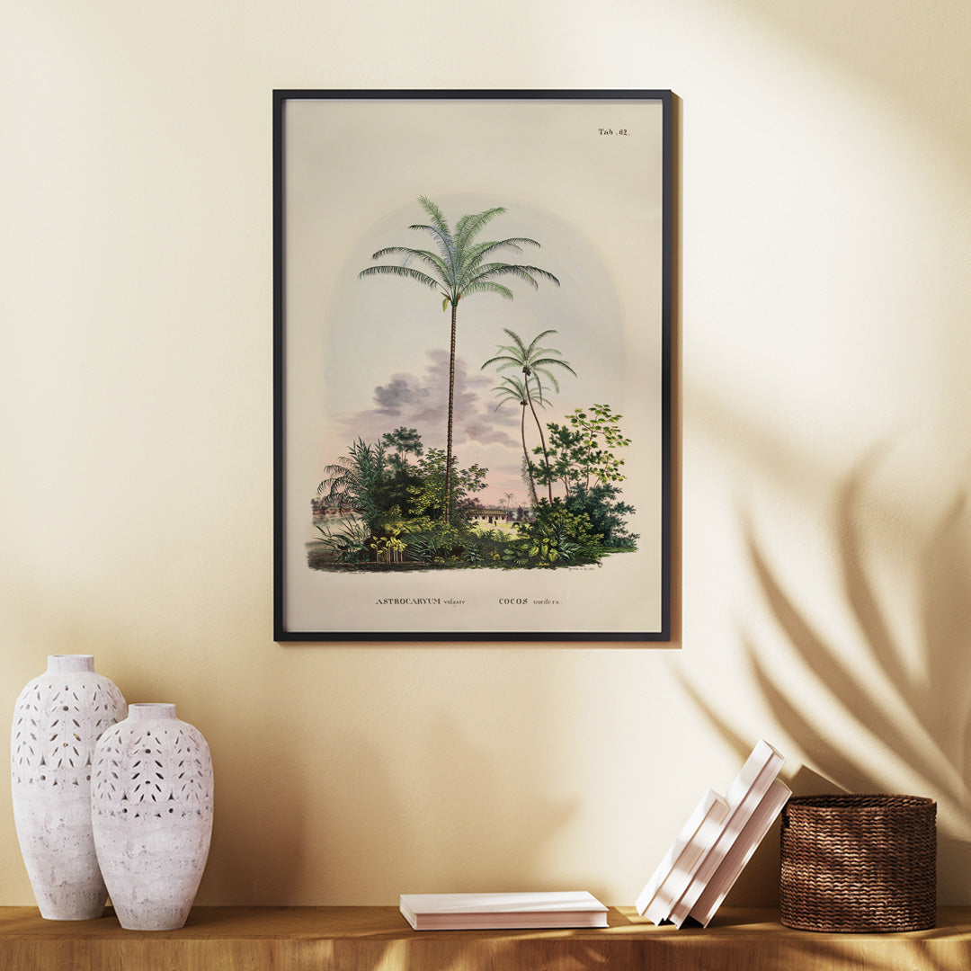 Astrocaryum vulgare botanical illustration and poster of tropical palm trees and lush green plants by Carl Friedrich Philipp von Martius, framed and displayed in home decor