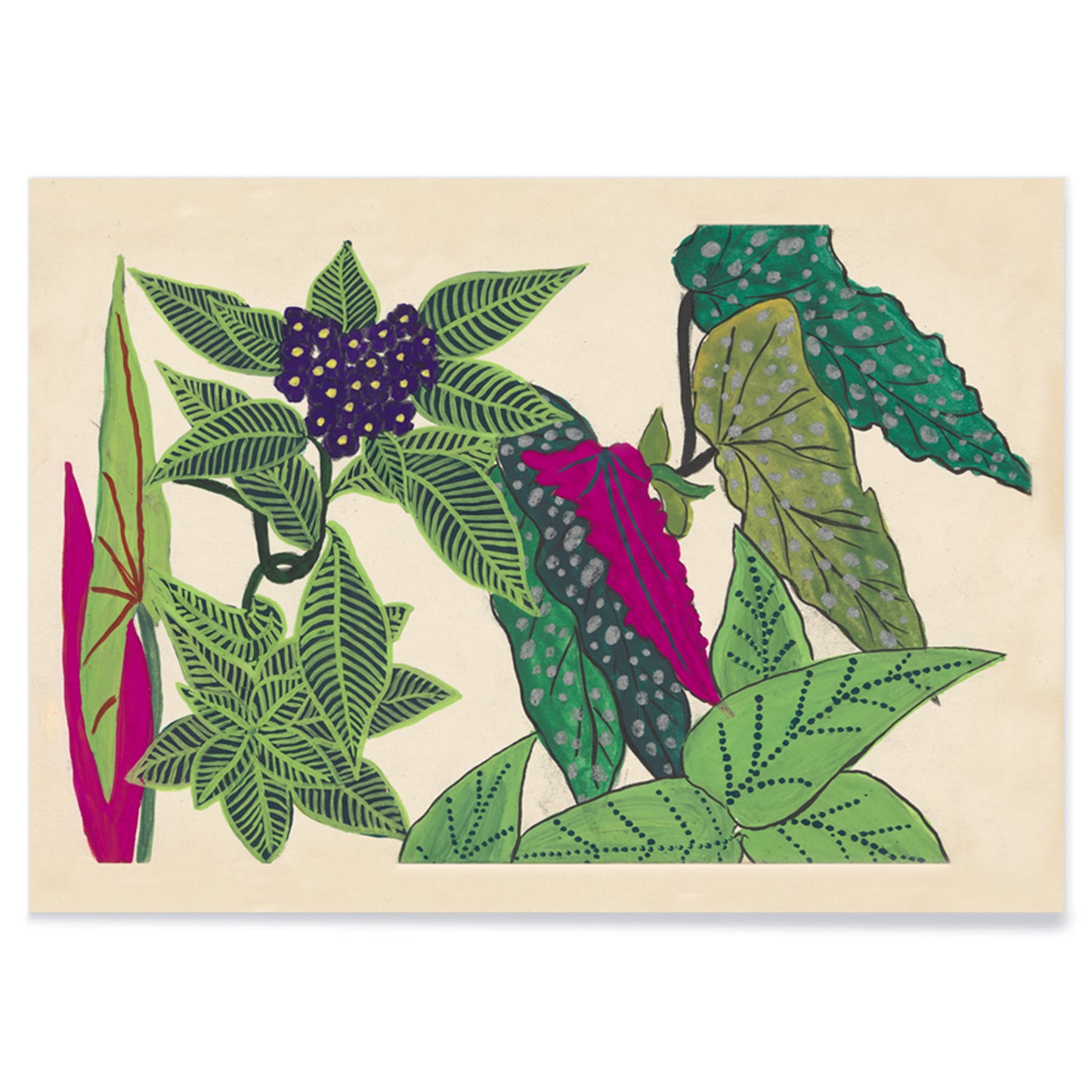 Botanical illustration poster with vibrant green leaves and purple fruits by Atelier Martine titled Leaves and Fruits perfect for botanical decor, with black aluminium frame on white background