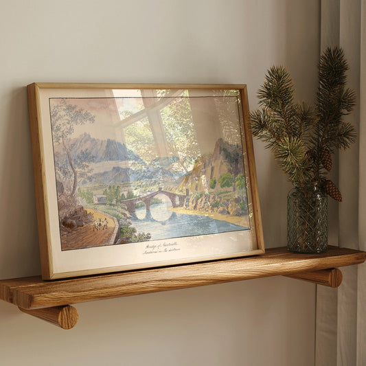 Bridge of Martorelle by Charles Hamilton Smith stone bridge over river with mountains scenic landscape poster, framed and displayed in home decor