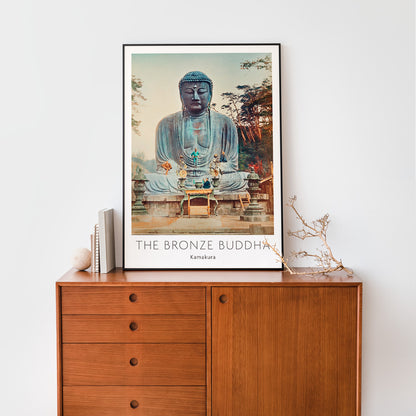 Bronze Buddha at Kamakura by Kazumasa Ogawa large outdoor statue with trees and altar in background, framed and displayed in home decor