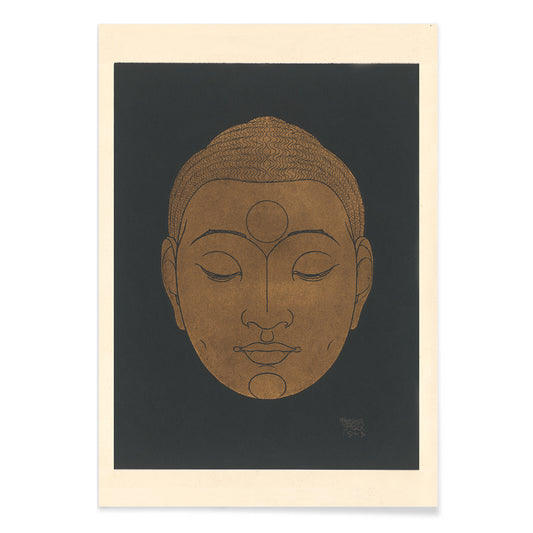 Minimalist golden Buddha head illustration artwork by Reijer Stolk on dark background poster titled Head of Buddha, with black aluminium frame on white background