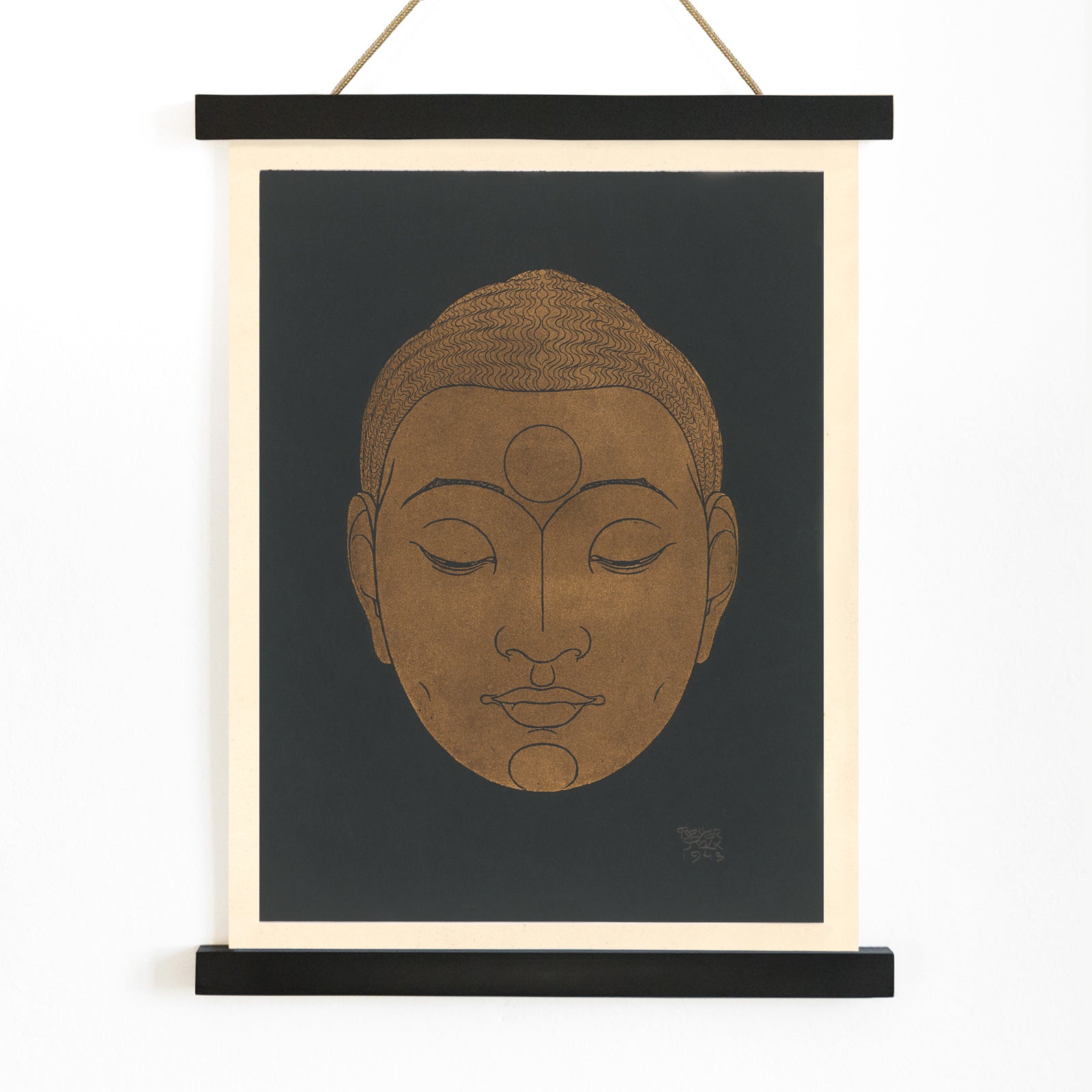 Minimalist golden Buddha head illustration artwork by Reijer Stolk on dark background poster titled Head of Buddha, with wooden magnetic frame on white background