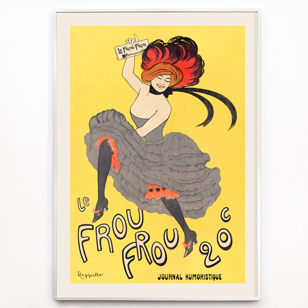 Closeup detail of Colorful cancan dancer illustration and poster for Le Frou Frou by Leonetto Cappiello featuring a woman in a flamboyant dress against a bright yellow background