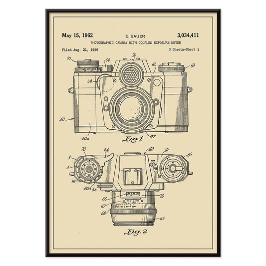 Technical illustration and poster of photographic camera with coupled exposure meter patent by E Sauer showing detailed technical drawings, with black aluminium frame on white background