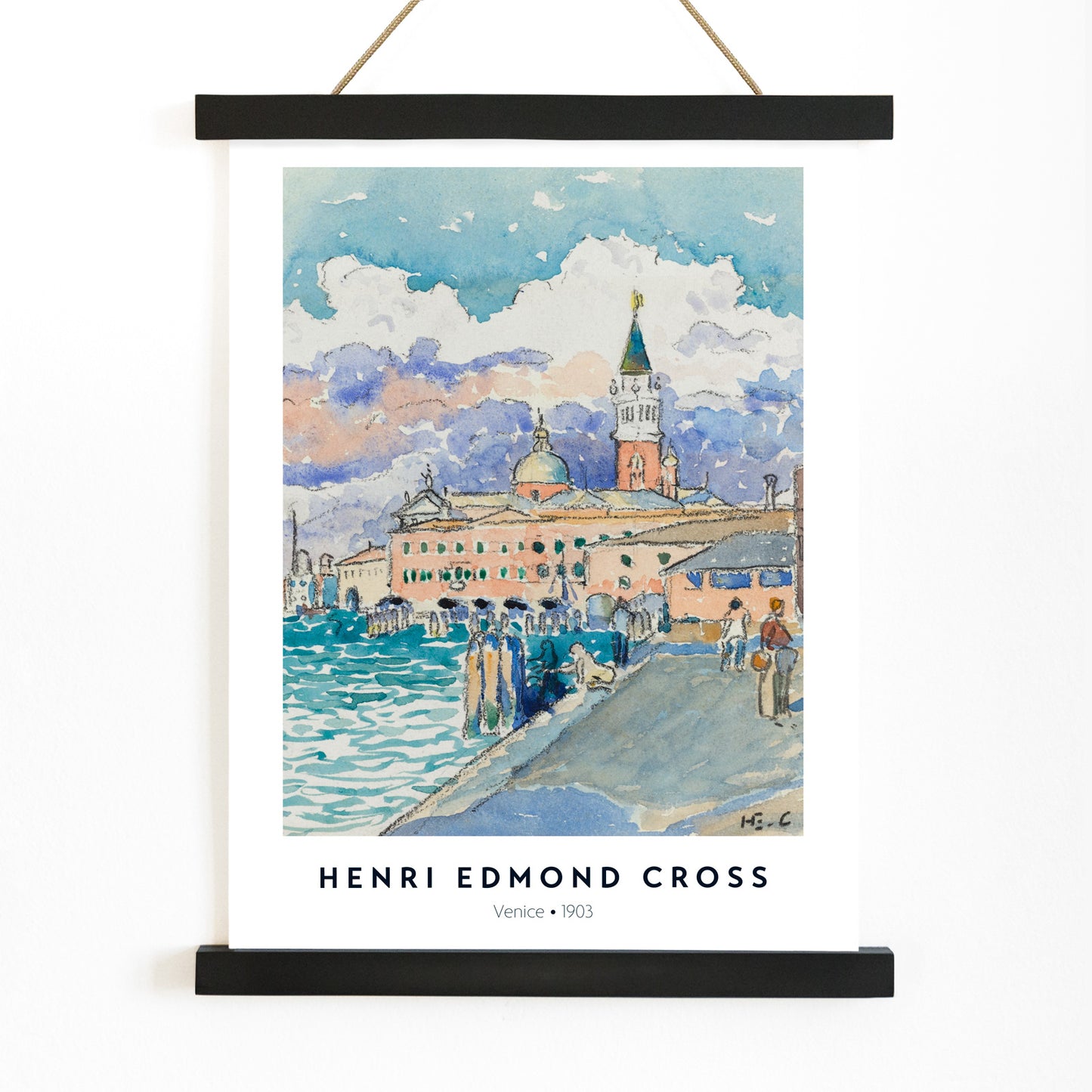 Venice waterfront artwork by Henri Edmond Cross featuring vibrant historic buildings and colorful sky poster, with wooden magnetic frame on white background