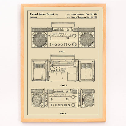 Portable combined cassette player technical drawing and poster illustrations by Sujanani United States Patent detailed technical drawings, framed and displayed in modern living room decor