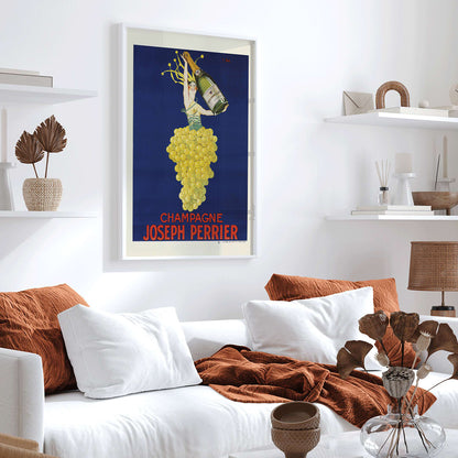 Woman in grape dress holding champagne bottle on blue background Champagne Joseph Perrier poster artwork by Joseph Stall, framed and displayed in home decor