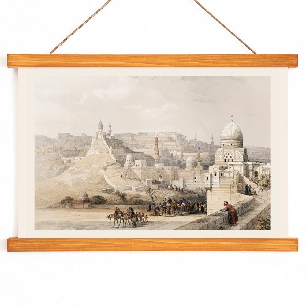Historic view and poster of the Citadel of Cairo residence of Mehemet Ali with people camels and historical architecture by artist David Roberts, with wooden magnetic frame on white background