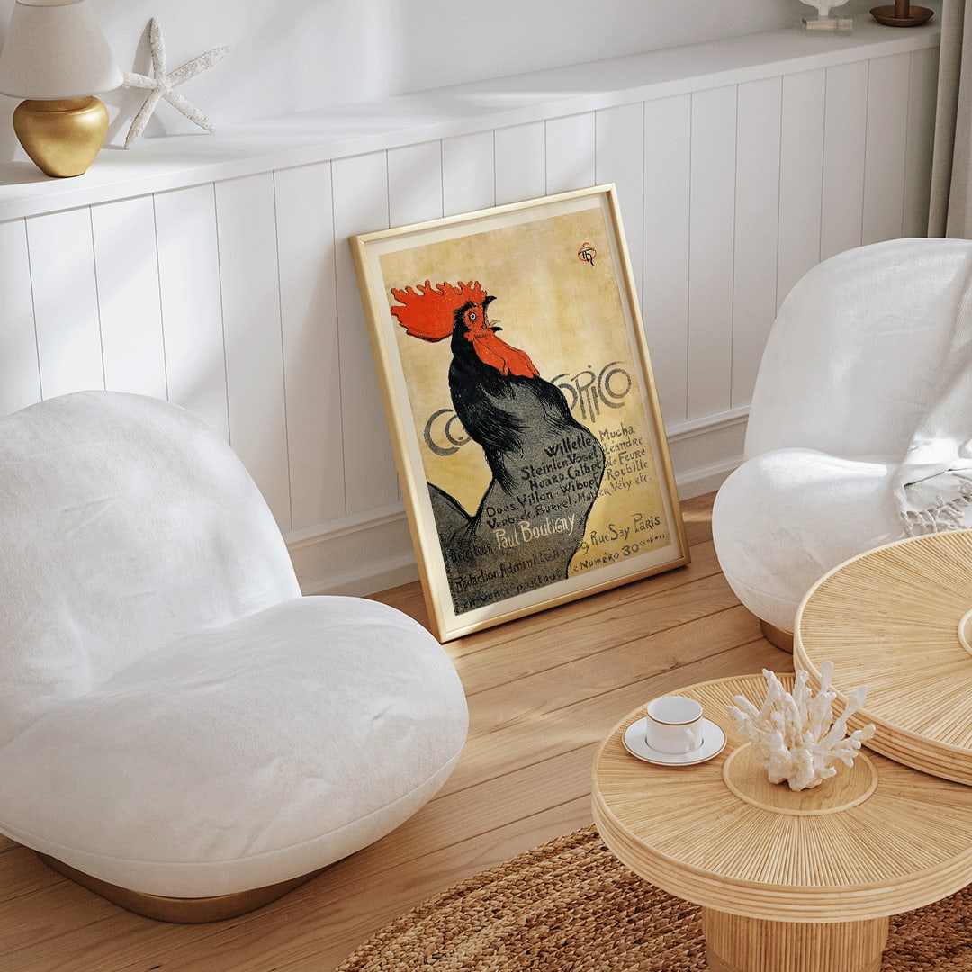 Black rooster with red comb and text promoting Cocorico by Theophile Alexandre Steinlen on yellow background illustration poster, framed and displayed in home decor