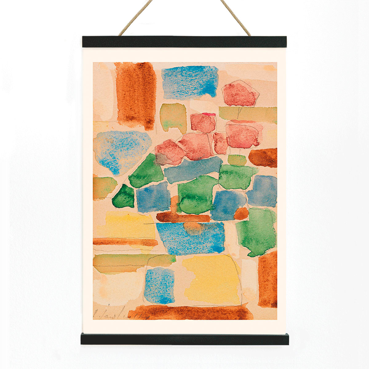 Floral Still Life by Alexej von Jawlensky abstract watercolor painting with vibrant geometric shapes in red blue and green tones, with wooden magnetic frame on white background