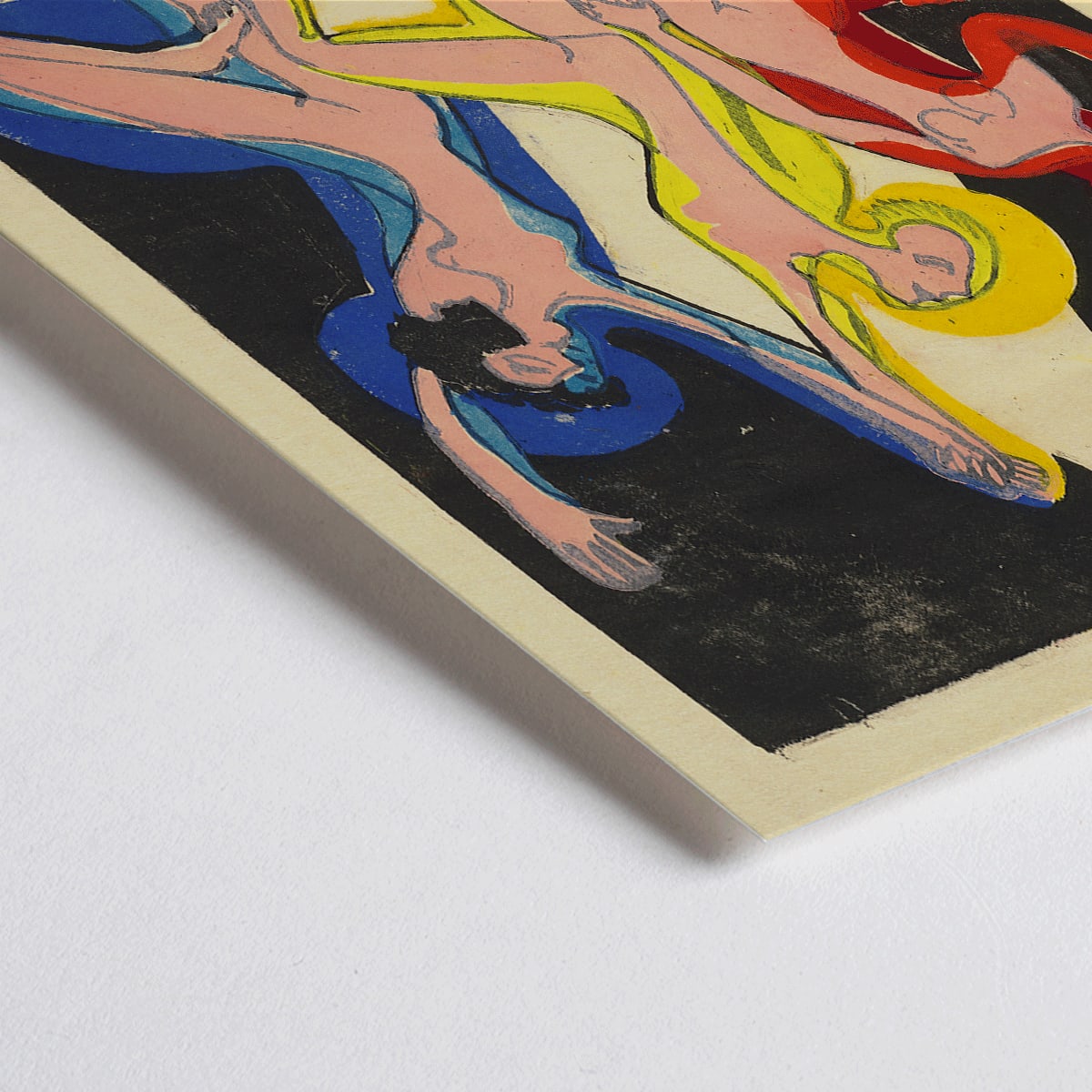 Closeup detail of Dance of Colours by Ernst Ludwig Kirchner poster featuring three abstract dancing figures in vibrant hues