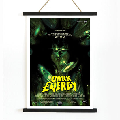 Dark Energy by NASA space-themed poster featuring a menacing alien monster dark eerie illustration and glowing green text, with wooden magnetic frame on white background