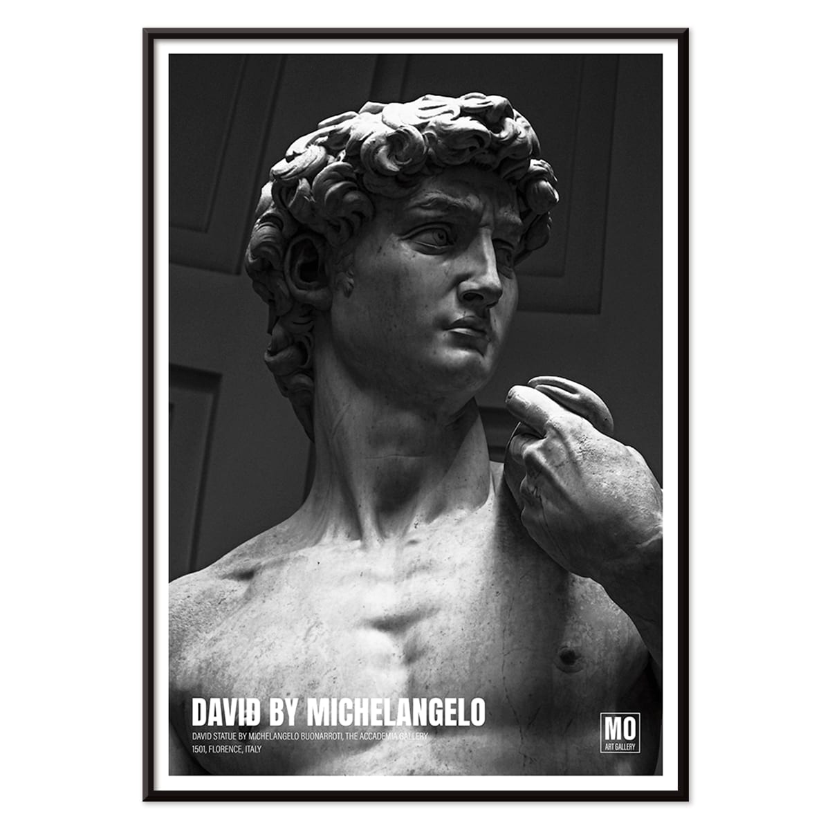 David by Michelangelo Buonarroti classic sculpture and grayscale poster from Mo Art Gallery Florence, with black aluminium frame on white background