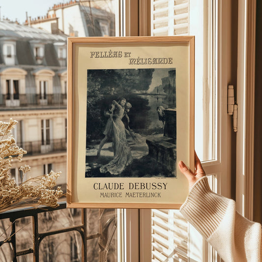 Artistic poster for Claude Debussy and Maurice Maeterlincks Pelleas et Melisande at Theatre de lOpera Comique featuring characters by a river for the premiere, framed and displayed in home decor