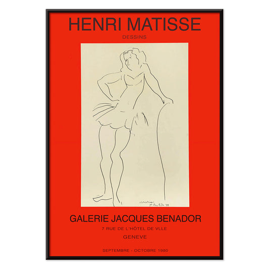 Henri Matisse minimalist line drawing of standing figure for Exposition Matisse poster at Galerie Jacques Benador Geneve exhibition, with black aluminium frame on white background