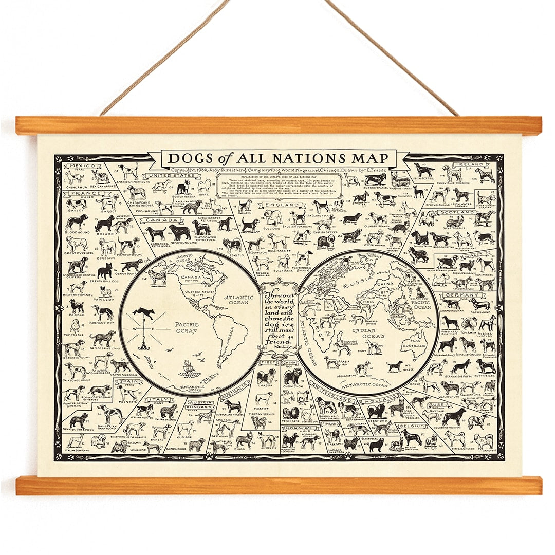 Dogs of All Nations Map by Frantz E illustrated poster featuring various dog breeds from around the world, with wooden magnetic frame on white background