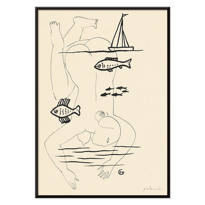 Drowned by Mikuláš Galanda surreal minimalist line drawing poster featuring abstract human figure fish and sailboat, with black aluminium frame on white background
