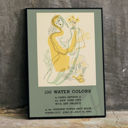 Watercolor illustration poster of a woman with flowers by Easel Artists from the New York City WPA Art Project titled 100 Water Colors, framed and displayed in home decor