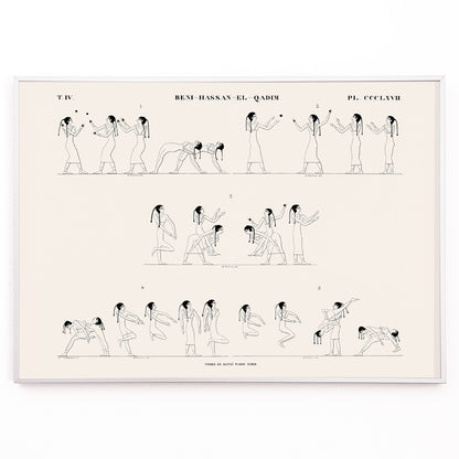 Closeup detail of Ancient Egyptian wrestling scene and poster with line drawings from Tomb of Rotei north wall by Jean Francois Champollion