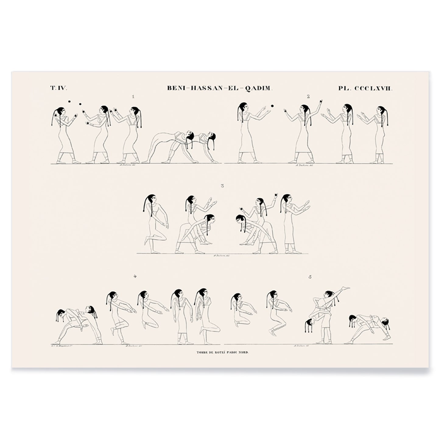 Ancient Egyptian wrestling scene and poster with line drawings from Tomb of Rotei north wall by Jean Francois Champollion, with black aluminium frame on white background