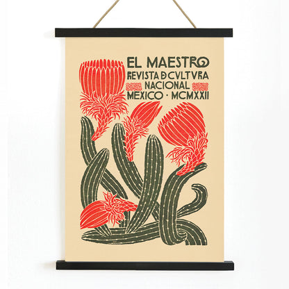 Vibrant cover art of El Maestro Revista de cultura nacional Mexico featuring red flowers and green cacti by Jose Posada, with wooden magnetic frame on white background
