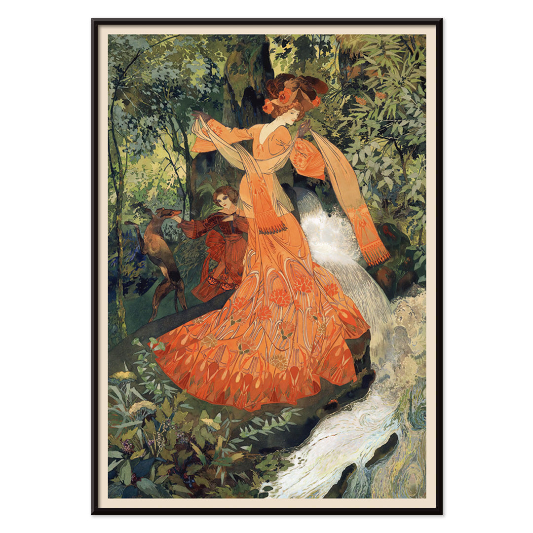 Elegant woman in ornate orange dress by a stream in lush forest featured in Elegante Pres D une Source by Georges de Feure art poster, with black aluminium frame on white background