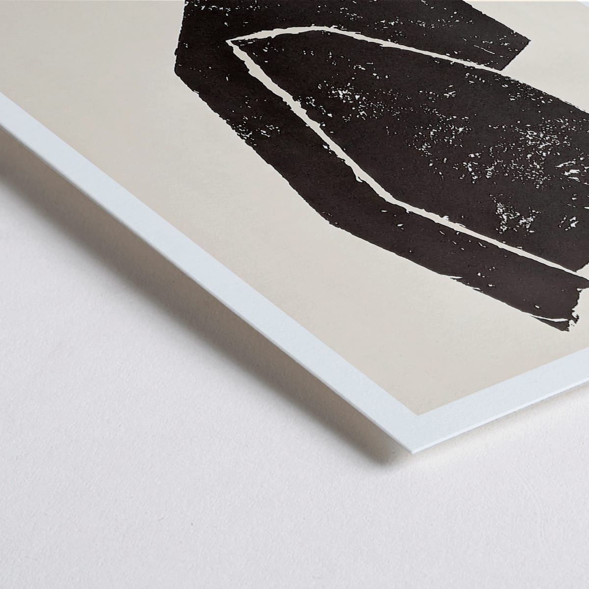 Closeup detail of Ardoises Empreintes exhibition poster by Raoul Ubac featuring black abstract shapes and design on white from Galerie Maeght Paris