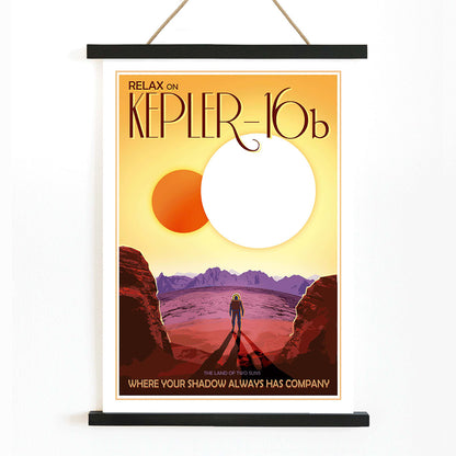 Astronaut on rocky alien landscape with twin suns in the sky Relax on Kepler-16b NASA space poster, with wooden magnetic frame on white background